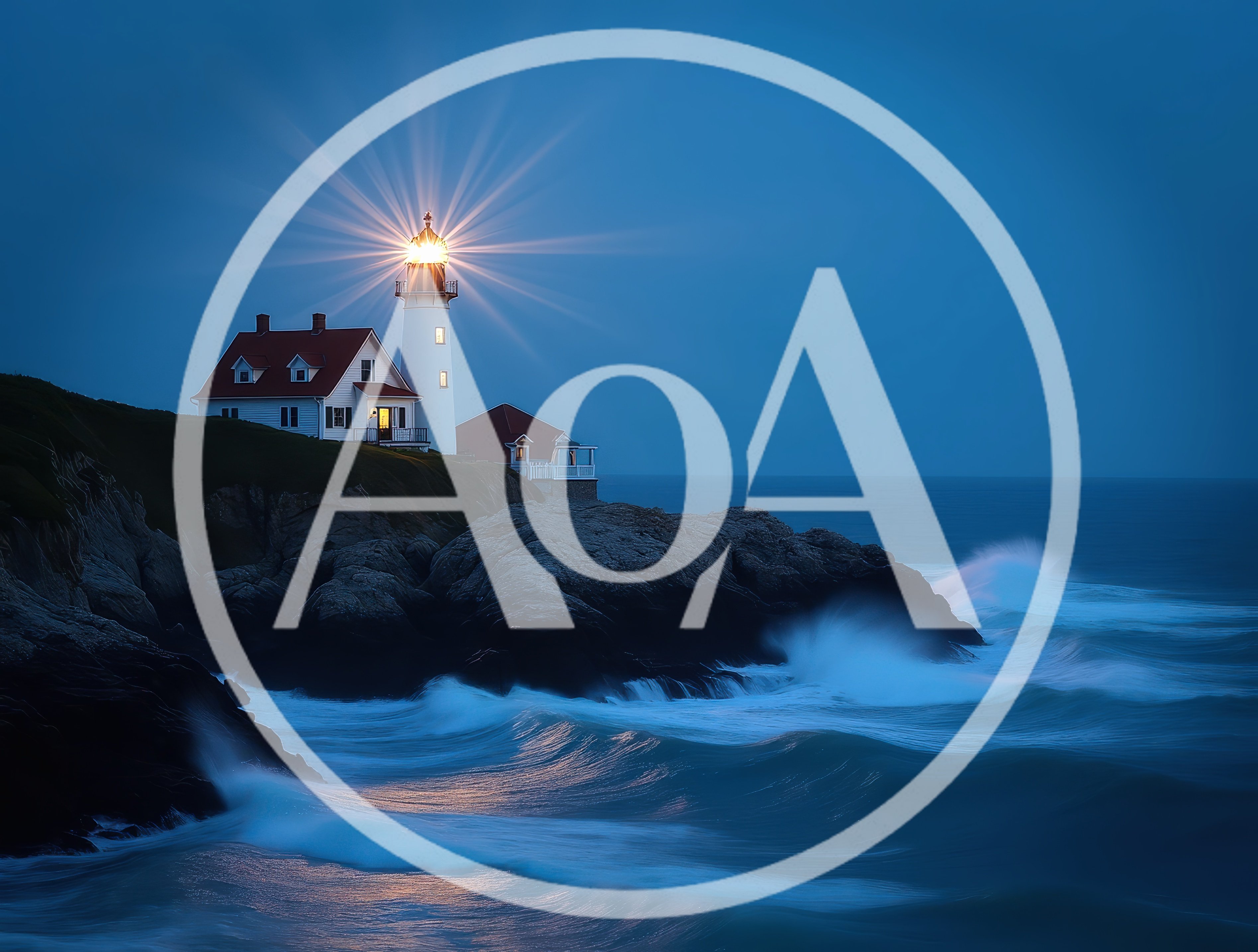 Illuminated Lighthouse On Rocky Coastline At Twilight