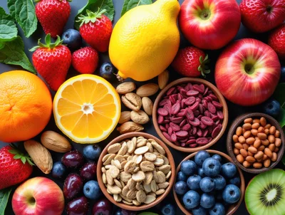 Assorted Fresh Fruits Nuts And Berries Flat Lay