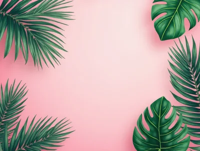 Tropical Palm Leaves Border on Pastel Pink Background