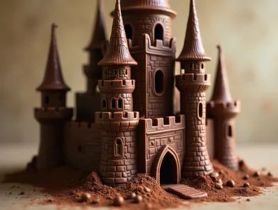 Intricate Chocolate Castle Sculpture On Cocoa Powder