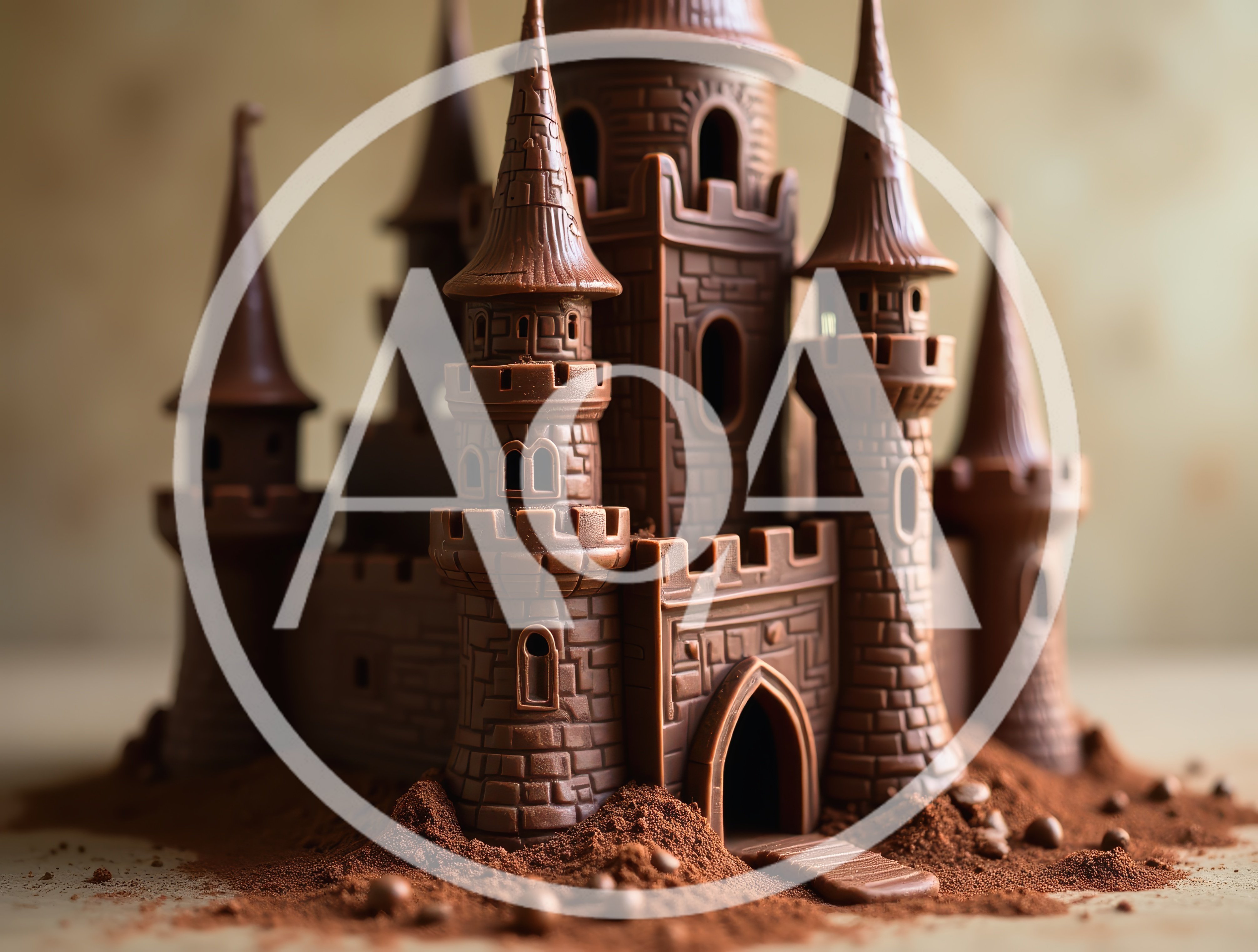 Intricate Chocolate Castle Sculpture On Cocoa Powder