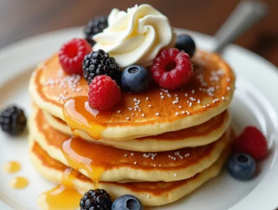 Stack Of Fluffy Pancakes With Berries And Whipped Cream