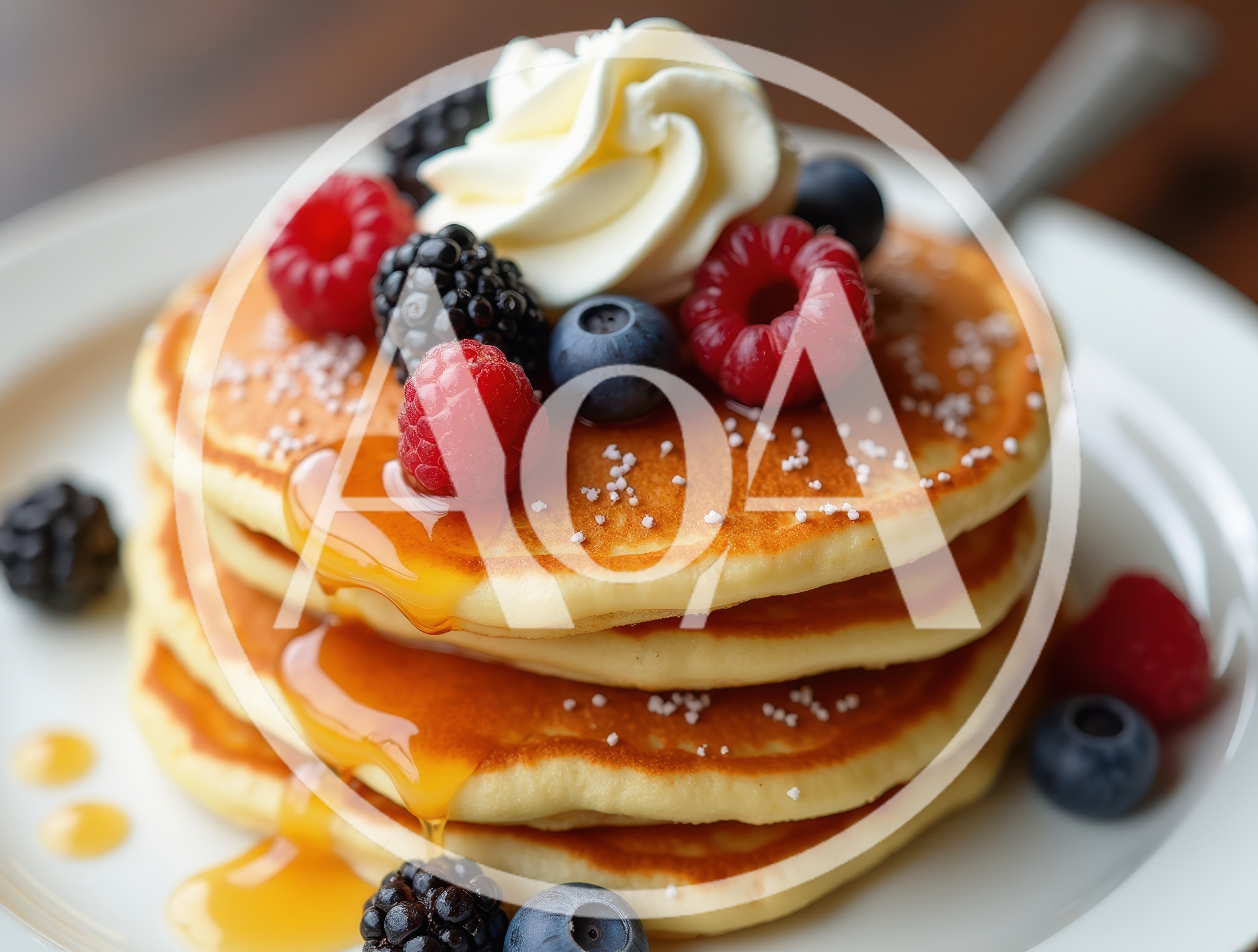 Stack Of Fluffy Pancakes With Berries And Whipped Cream