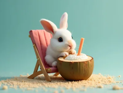 Cute White Bunny Relaxing In A Beach Chair