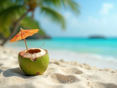 Fresh Green Coconut With Cocktail Umbrella On Tropical Beach