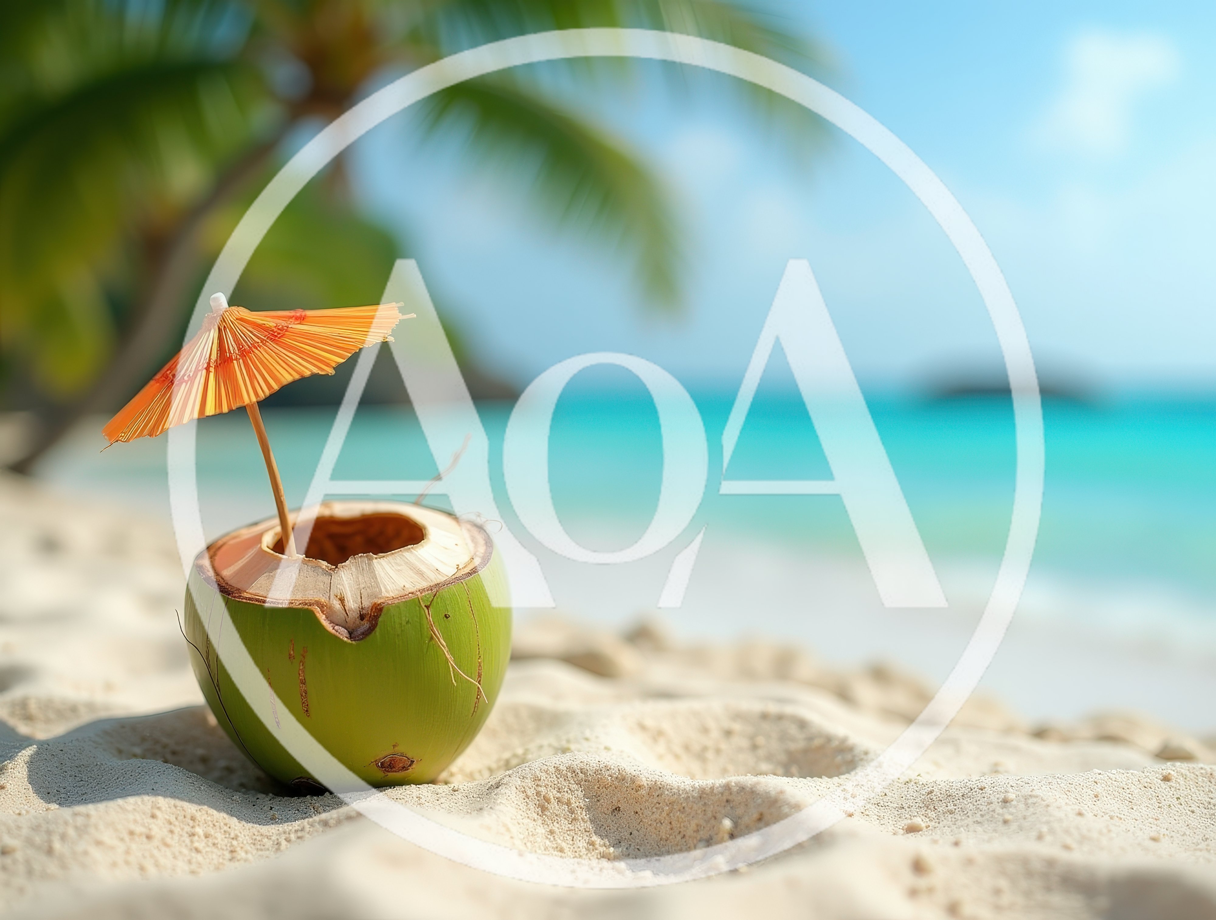 Fresh Green Coconut With Cocktail Umbrella On Tropical Beach