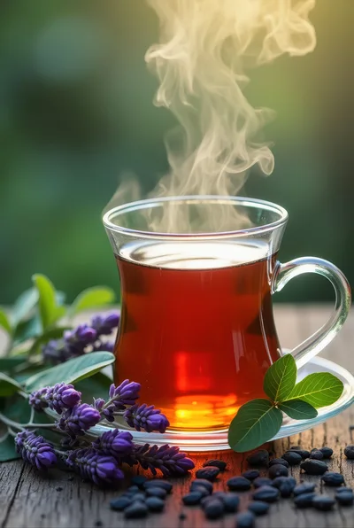 Steaming Glass Cup Of Herbal Tea With Lavender