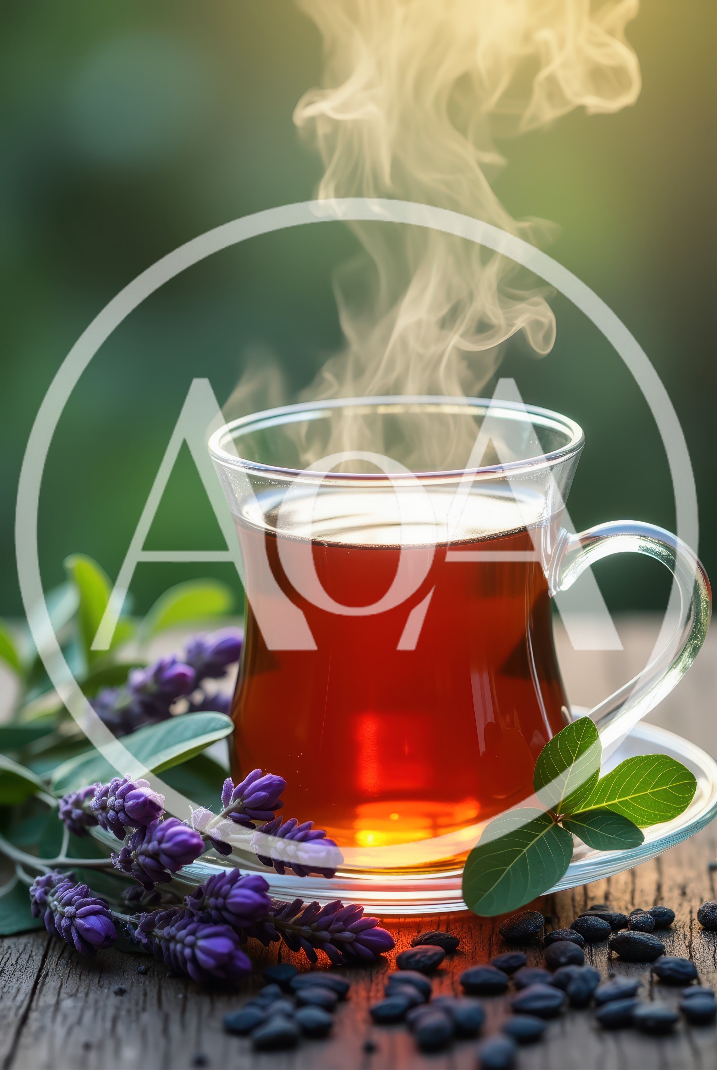 Steaming Glass Cup Of Herbal Tea With Lavender