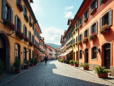 Cobblestone Street In A Colorful European Village