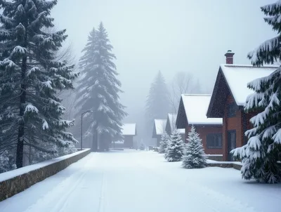 Snow Covered Cabins Along A Foggy Winter Road