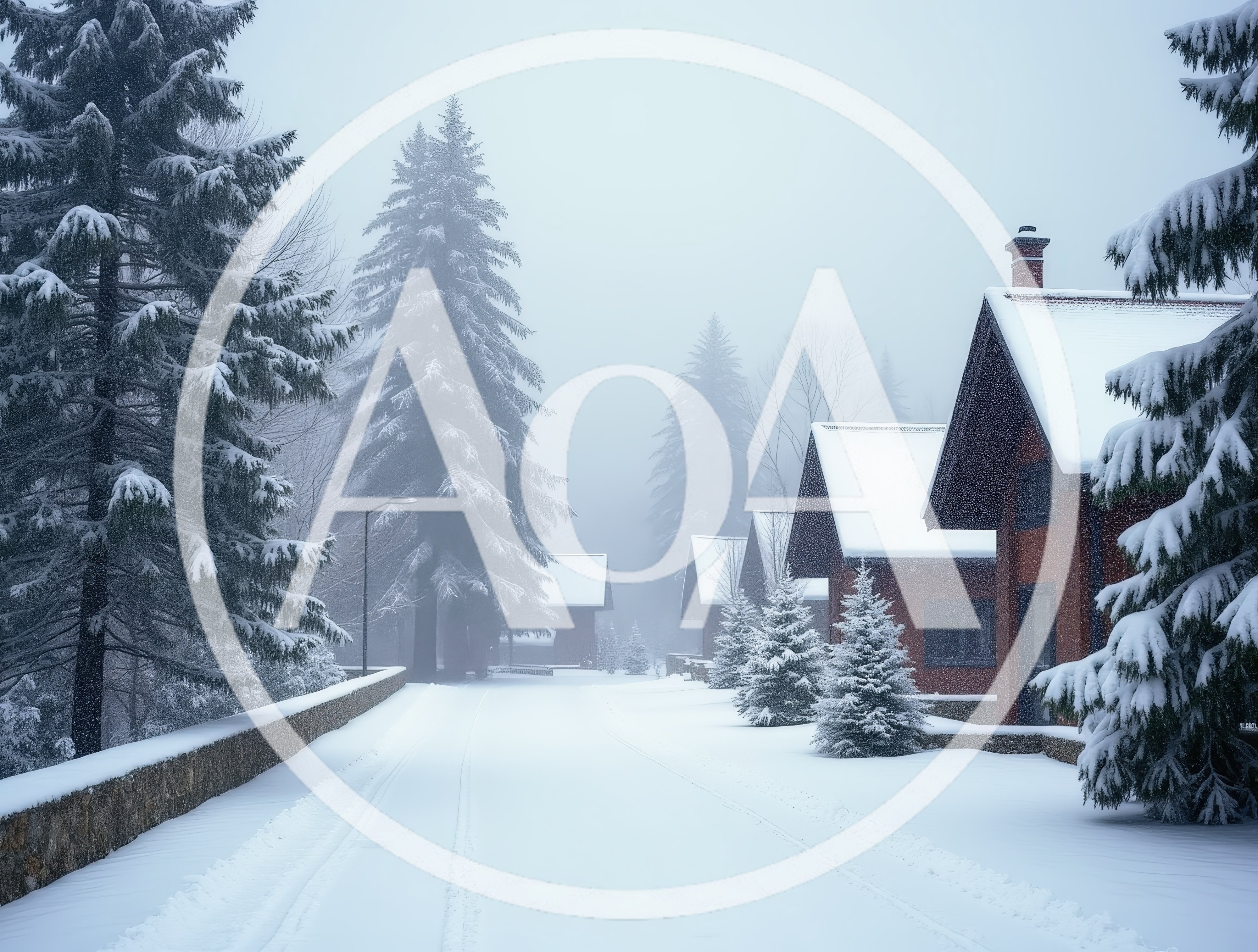 Snow Covered Cabins Along A Foggy Winter Road