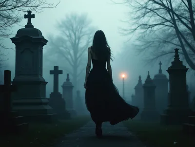 Woman In Black Dress Walking Through Foggy Cemetery