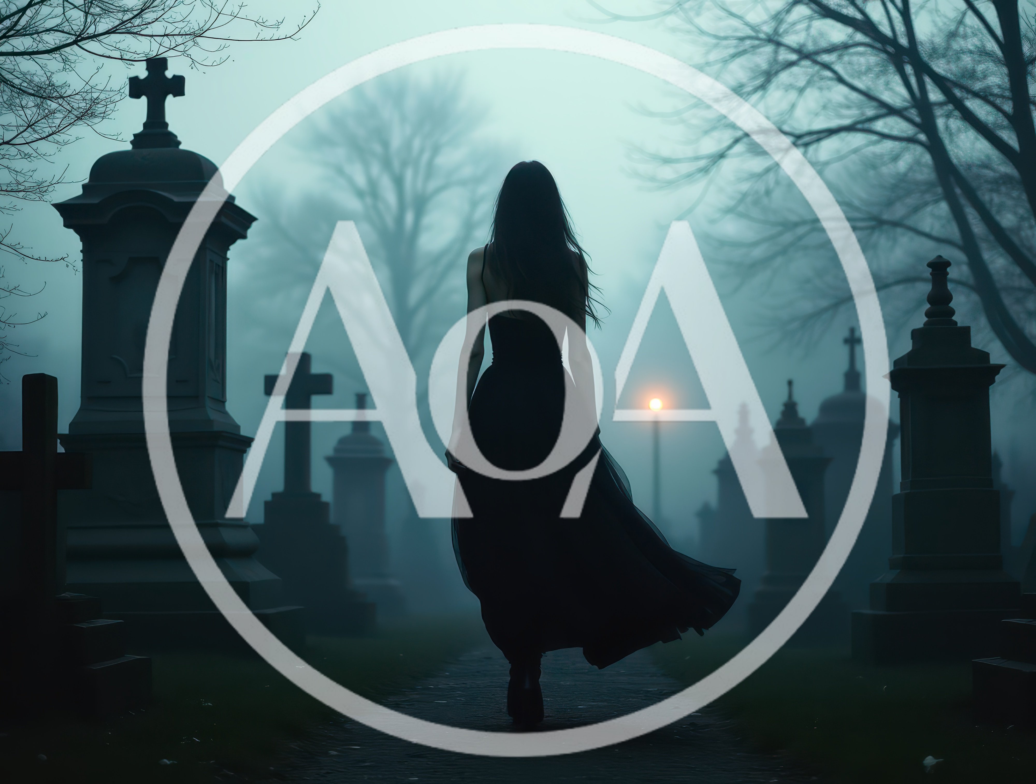 Woman In Black Dress Walking Through Foggy Cemetery