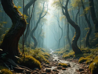 Enchanted Forest Stream With Twisted Ancient Trees