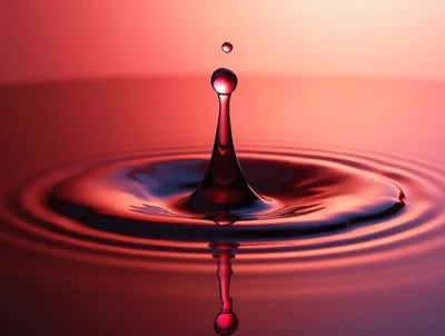 Red Water Drop Impact Creating Concentric Ripples