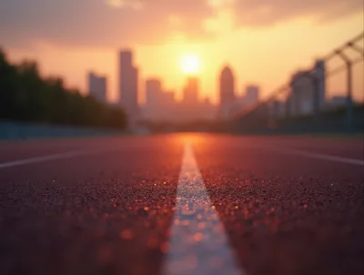 Running Track Lane With Blurred City Skyline At Sunset