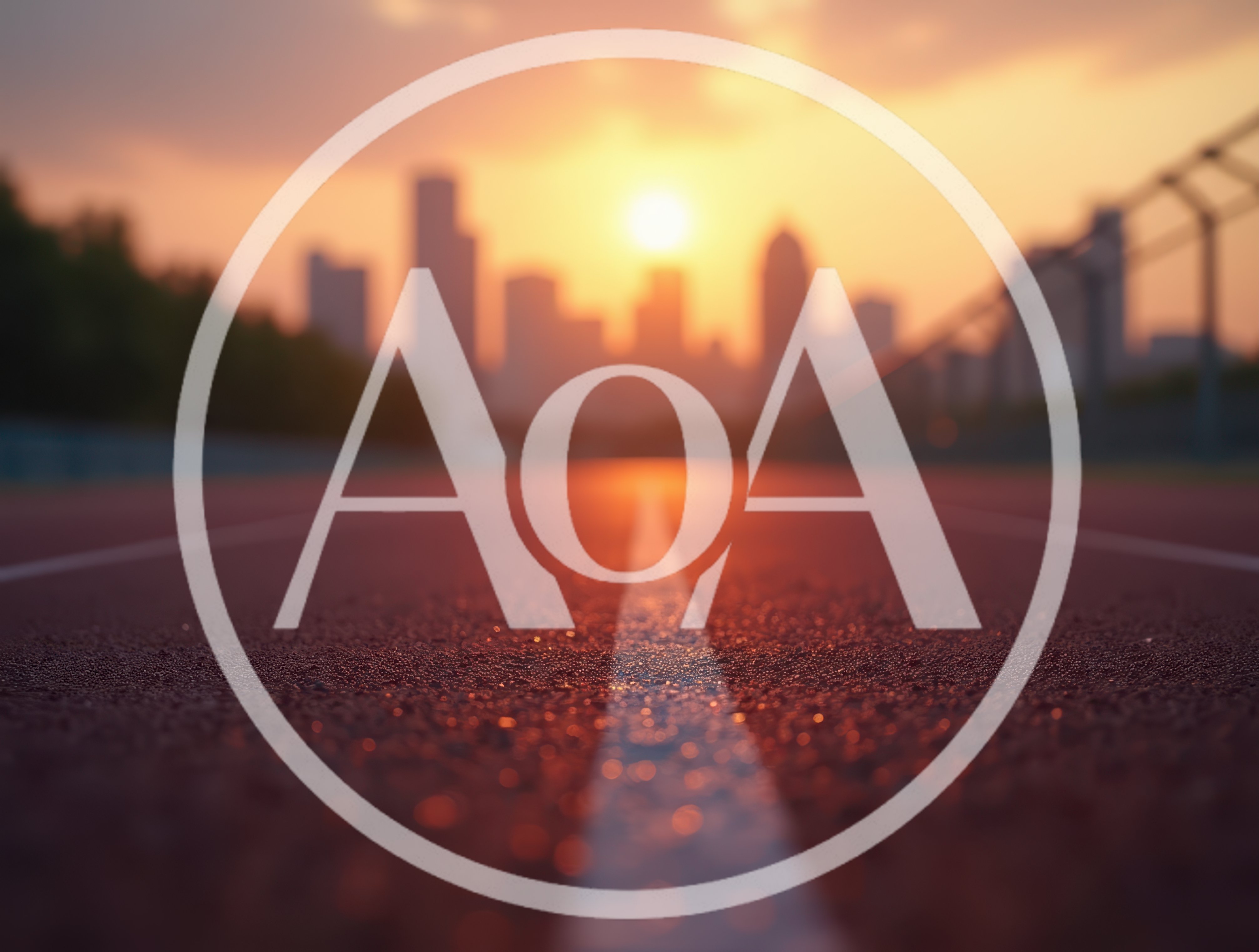 Running Track Lane With Blurred City Skyline At Sunset