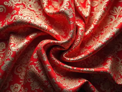 Red Silk Fabric With Gold Floral Pattern