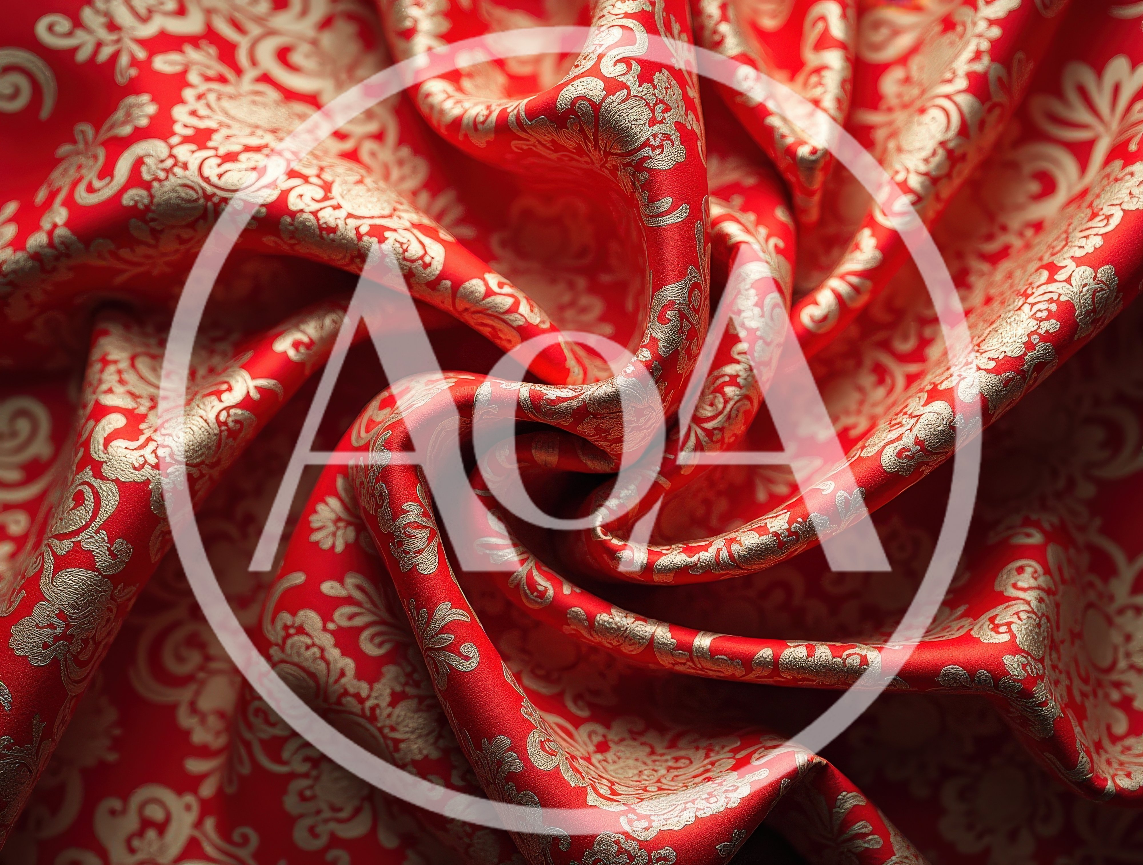 Red Silk Fabric With Gold Floral Pattern