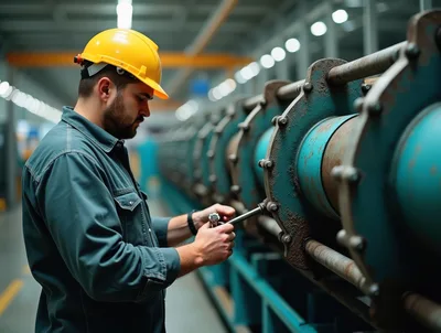 Industrial Worker Maintaining Large Machinery In Factory