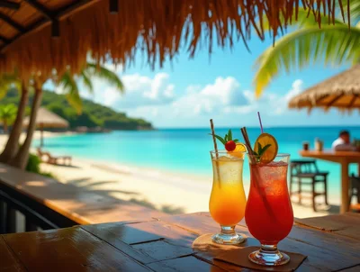 Two Tropical Cocktails On A Beach Bar Table