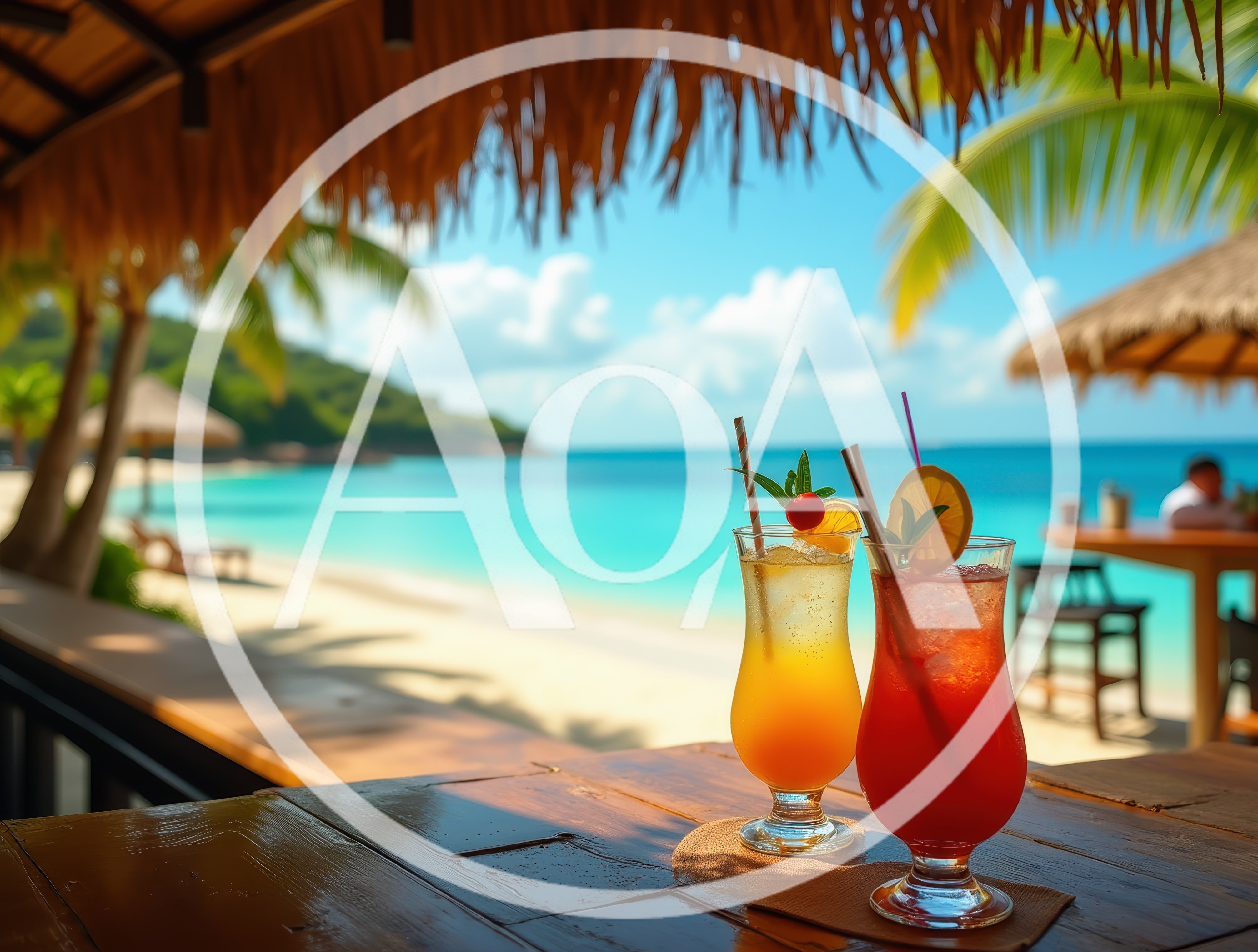 Two Tropical Cocktails On A Beach Bar Table