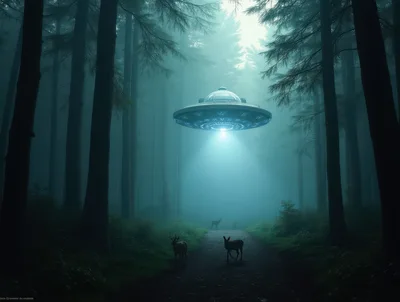 UFO Hovering Above Deer In A Misty Forest