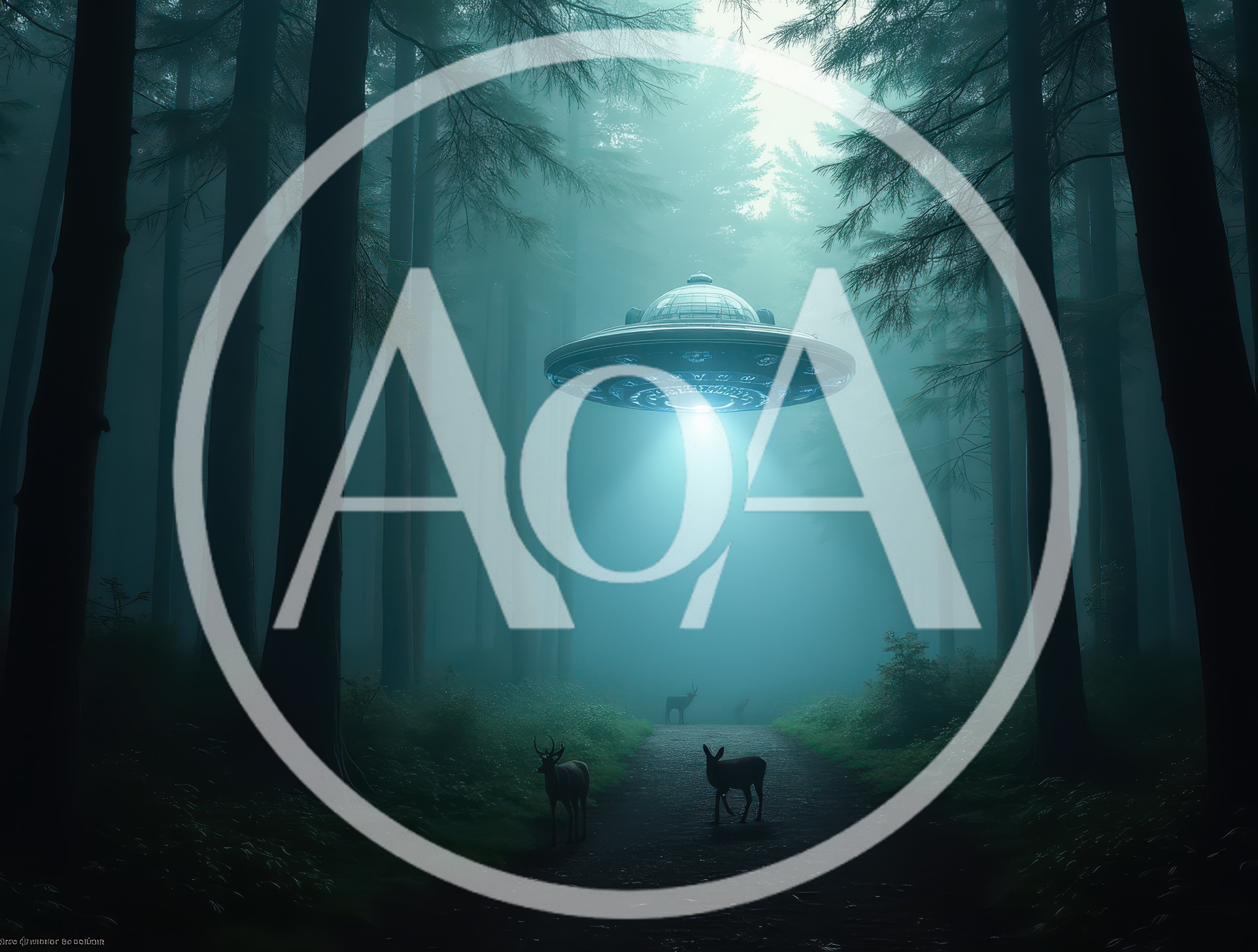 UFO Hovering Above Deer In A Misty Forest