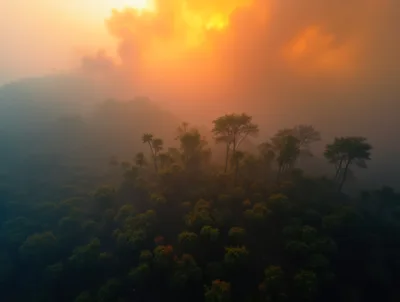 Aerial View Of Misty Forest At Sunset
