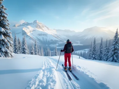 Backcountry Skier Standing On Snowy Mountain Ridge