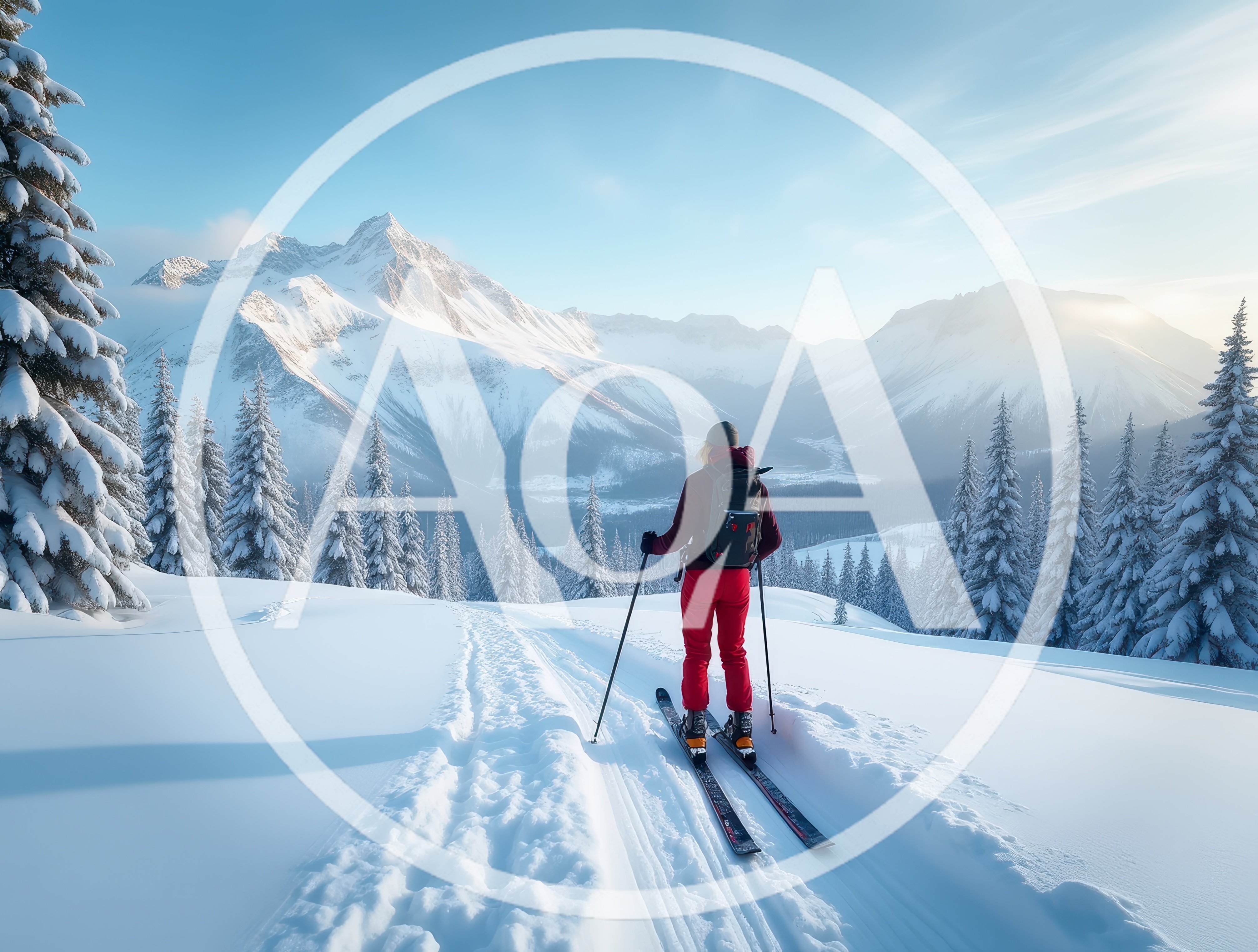 Backcountry Skier Standing On Snowy Mountain Ridge