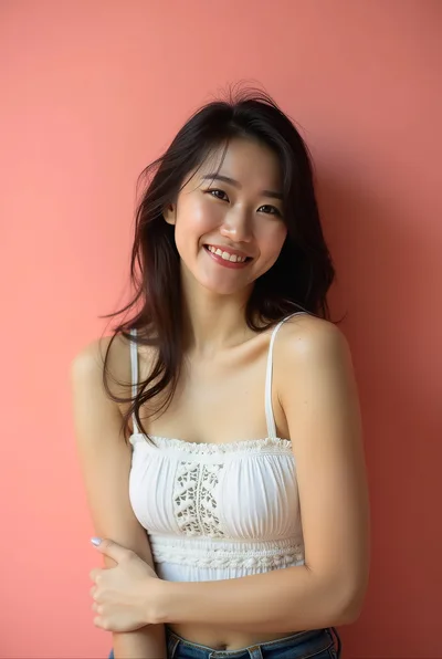 Smiling Young Asian Woman Posing Against Pink Background