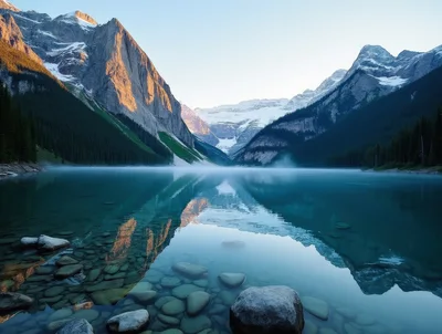 Lake Louise Reflection At Sunrise In Banff National Park