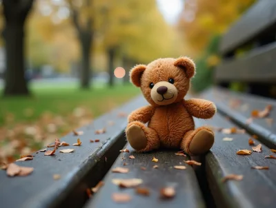 Small Brown Teddy Bear Sitting On A Park Bench