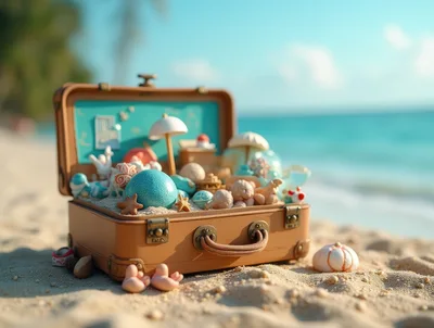 Vintage Suitcase Filled With Beach Vacation Souvenirs