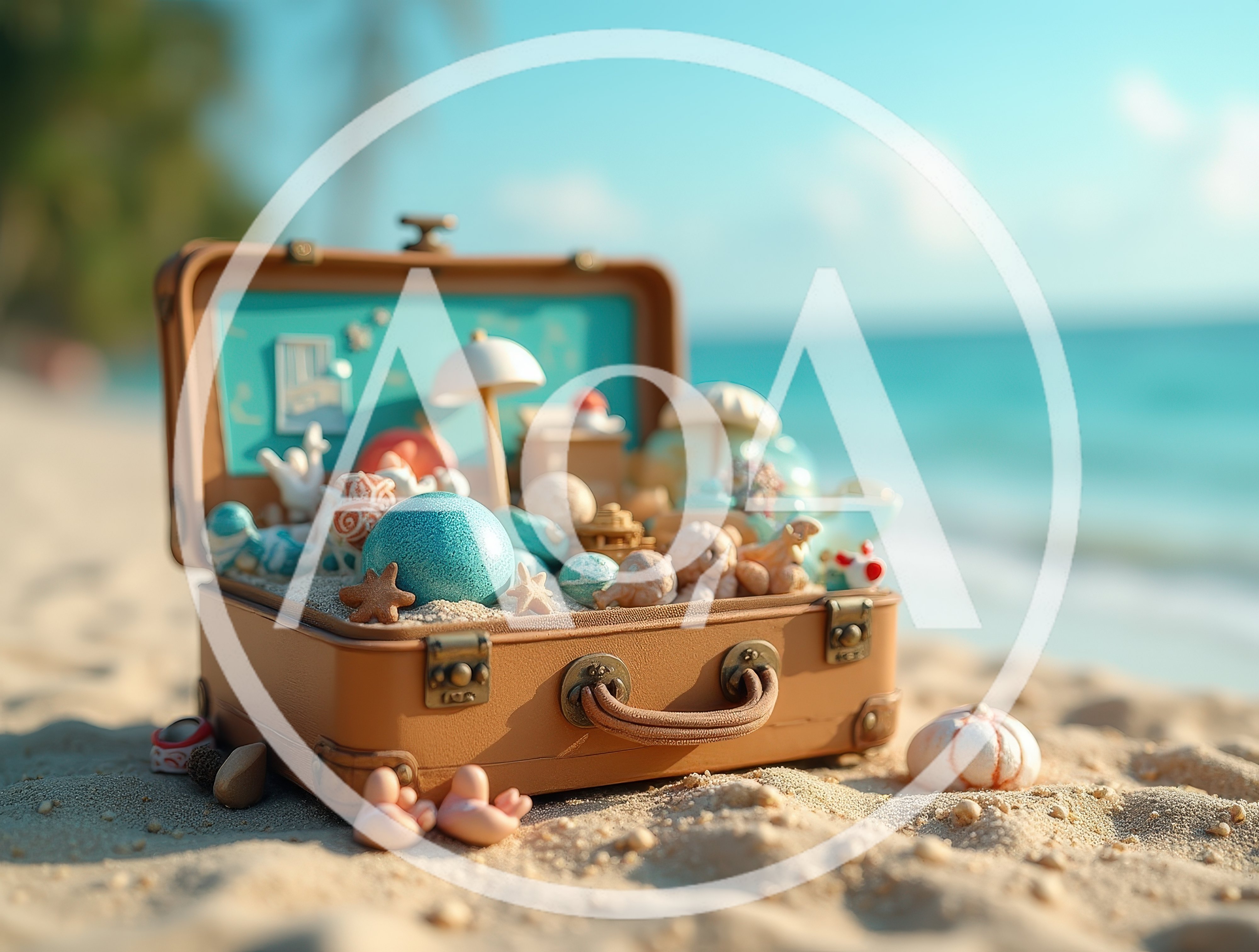 Vintage Suitcase Filled With Beach Vacation Souvenirs