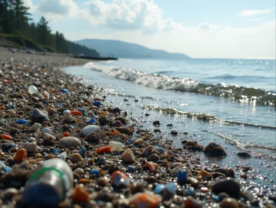 Plastic Pollution Scattered Along A Rocky Beach Shoreline