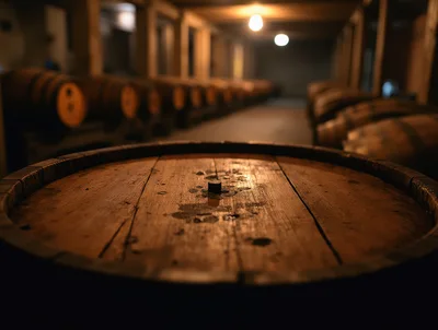 Wooden Wine Barrel In A Dimly Lit Cellar
