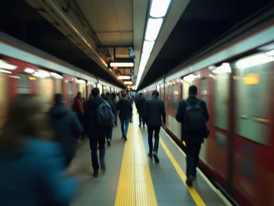 Commuters Walking Along Subway Platform During Rush Hour
