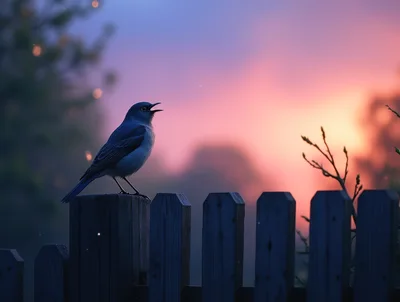 Blue Bird Singing On A Wooden Fence At Sunset