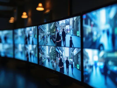 Security Surveillance Monitors Displaying City Street Footage
