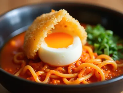 Bowl Of Spicy Ramen With Soft Boiled Egg
