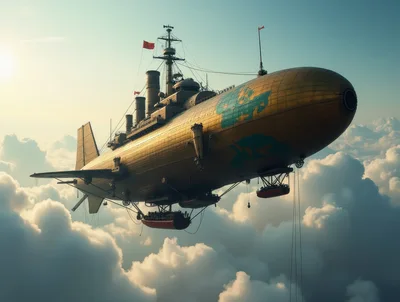 Steampunk Airship Flying Above The Clouds
