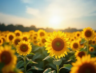 Vibrant Sunflowers Blooming In A Golden Hour Field