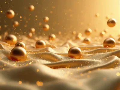Floating Golden Spheres Over Shimmering Fabric Background