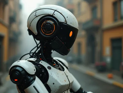 Futuristic White Android Robot Standing In Foggy City Street