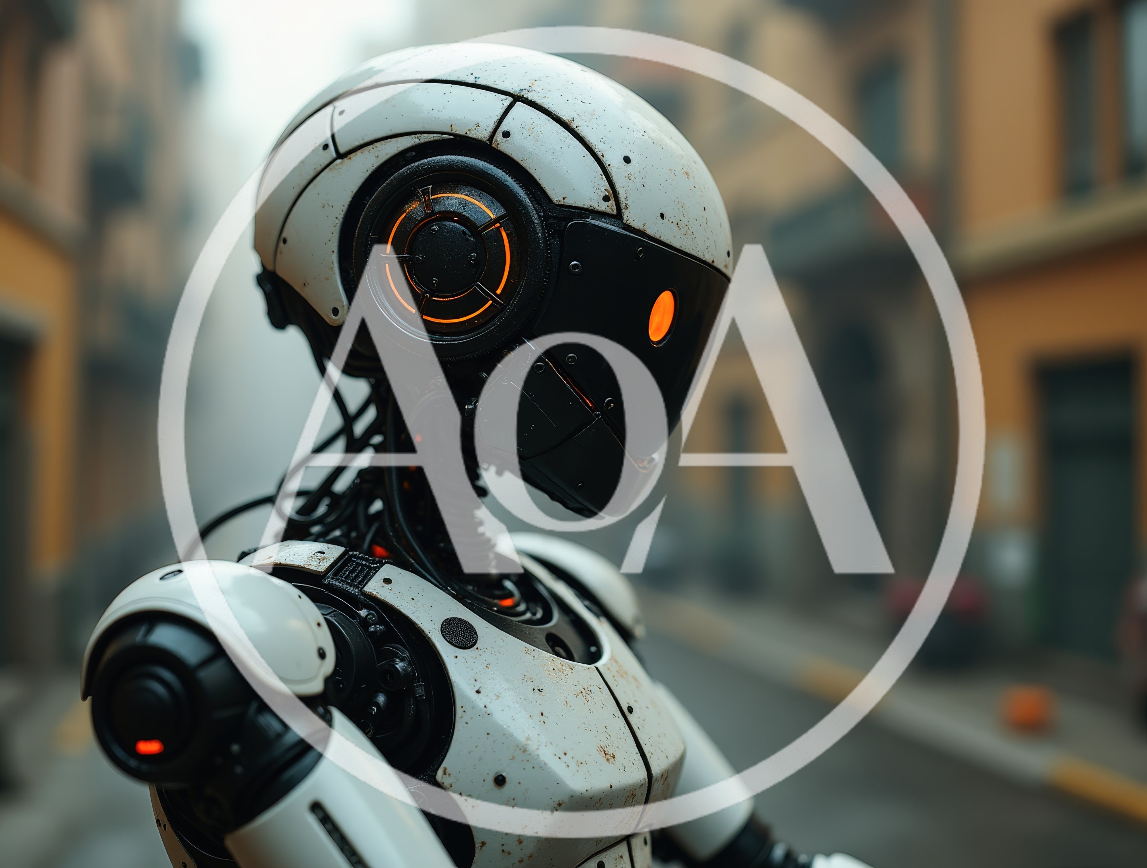 Futuristic White Android Robot Standing In Foggy City Street