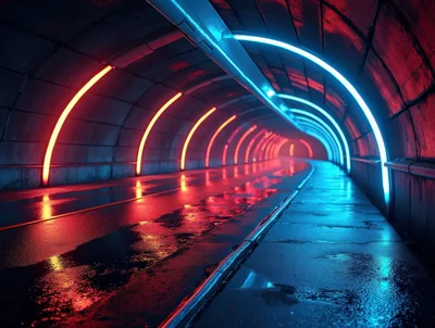 Futuristic Neon Tunnel With Wet Reflective Surface