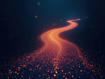 Glowing Golden Particle Path Through Dark Void