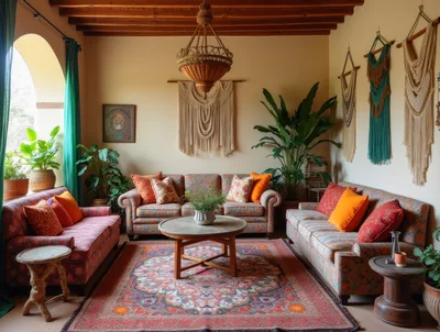 Bohemian Living Room With Patterned Sofas And Macrame Decor